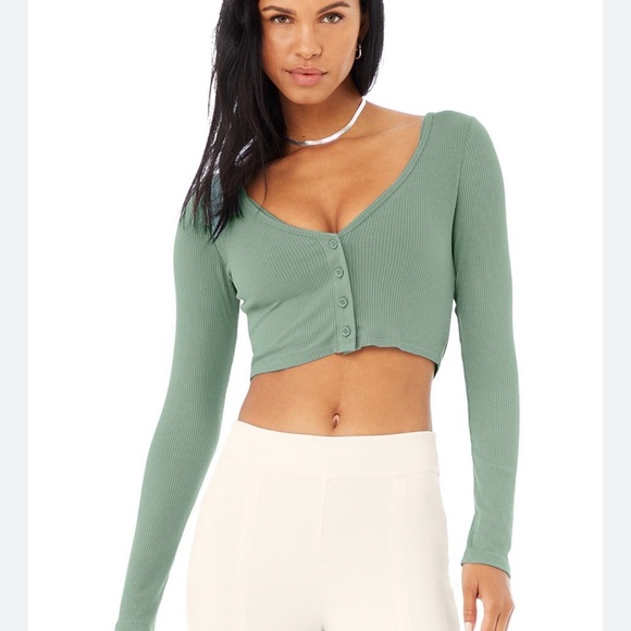ALO Yoga Tops - ALO YOGA BLACK RIBBED CROPPED WHISPER CARDIGAN NWT XS Soft Seagrass